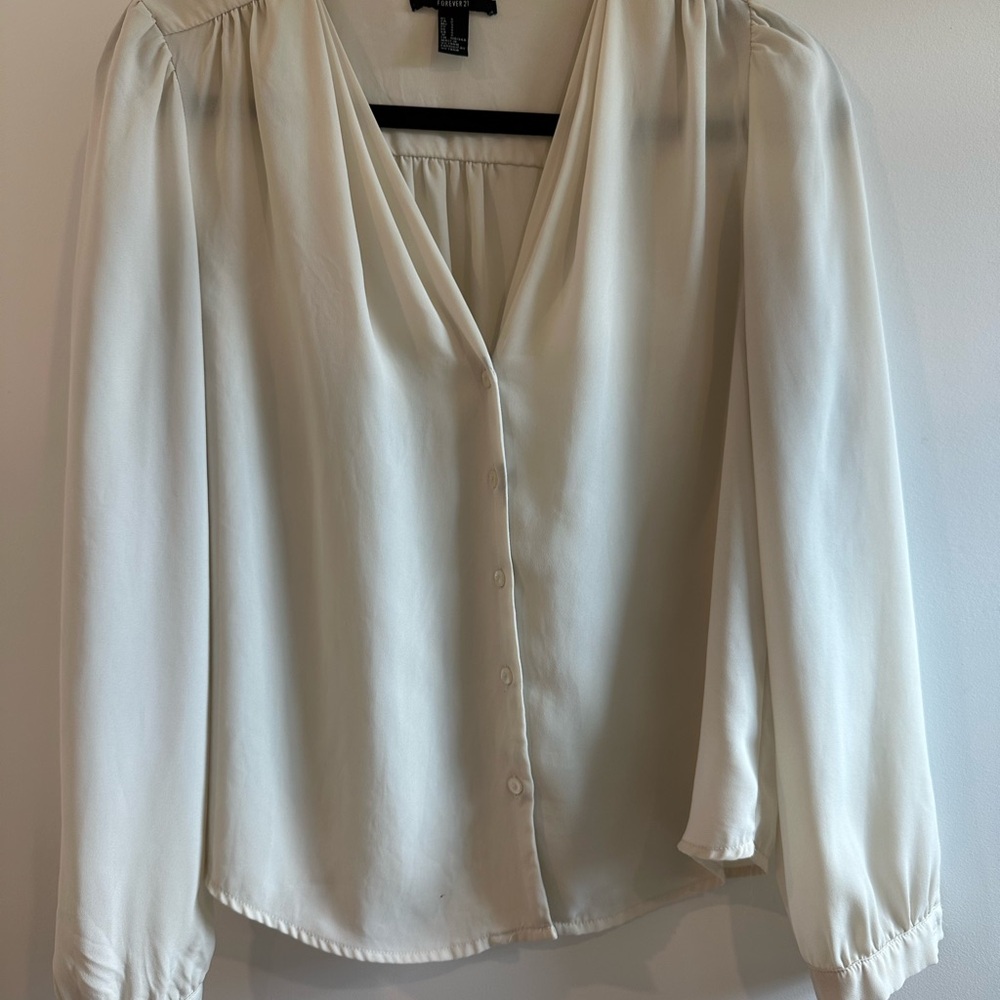 Forever 21 Cream Button-Up Blouse Small Soft Long Sleeve Top